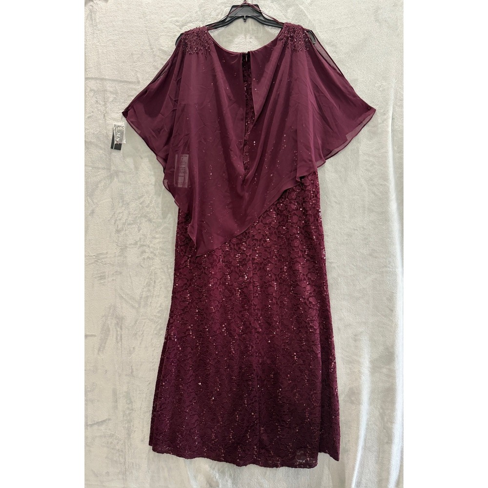 NWT SLNY Evening Gown Women Plum Sequin Lace Chiffon Cape Overlay Dress 14W $169 - Picture 10 of 16